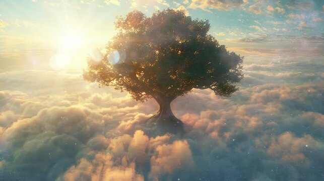 a beautiful, shady and cool tree above the clouds. seamless looping time-lapse virtual 4k video Animation Background.