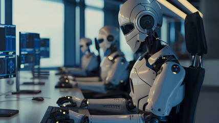 A robot is sitting at a desk with a keyboard and a mouse. The robot is wearing a white helmet and has a cigarette in its mouth. The scene is set in a room with several other robots and a few chairs