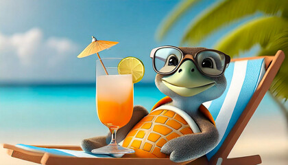 Cute cartoon turtle with glasses chilling on a beach chair on a tropical island. Vacation for seniors concept