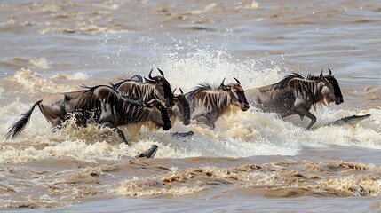A group of wildebeest crossing a crocodile-infested river