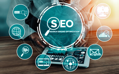 SEO - Search Engine Optimization for Online Marketing Concept. Modern interface showing symbol of...