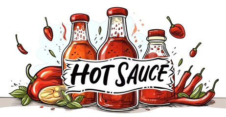 BBQ Hot Sauce - Spicy hot sauce with mix of pepper, garlic and tomatoes - Illustration - obrazy, fototapety, plakaty