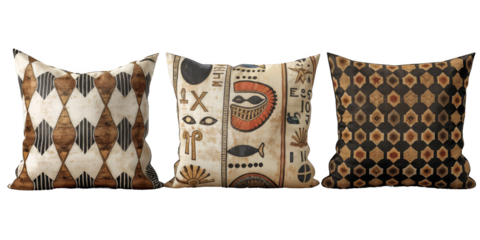 Collection of decorative throw pillows with simple Egyptian patterns isolate on transparent background, cutout, png