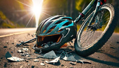 Close-up of a broken helmet and bicycle lying on the road after an accident. Generative Ai.