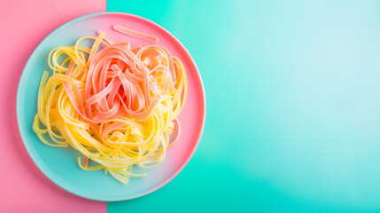 Colorful pastel long spaghetti on a plate isolated on a soft blue and pink background. Flat lay. Simple and creative food composition. Flat lay. Space for text or advertisement.
