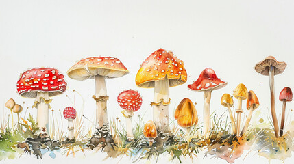 water color of Various species of mushroom