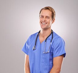 Man, nurse and portrait in studio, healthcare expert and specialist on gray background. Happy male person, cardiologist and proud of career on mockup space, trustworthy physician and medicare health