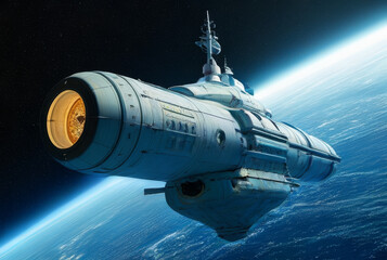 Space ship in deep space. Science fiction. 3D rendering.