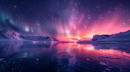 snow covered mountains in the cold arctic north, rocky mountains, and beautiful aurora sky, magical northern lights dance in the sky, magical lights reflecting off the water - obrazy, fototapety, plakaty