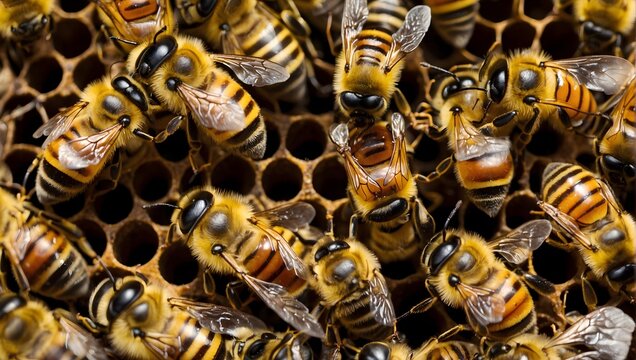 The vibrant life of a bee colony featuring a marked queen at its heart, encircled by diligent workers Generative AI