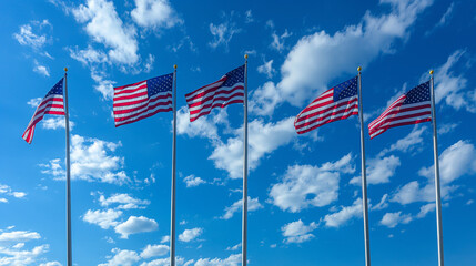 The American flag waves majestically in the wind, its vibrant colors radiating pride and unity as sunlight dances on its brilliant stars and stripes.