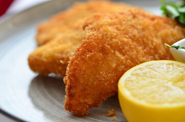 traditional Czech food, fried pork steak, close-up view, served on a plate