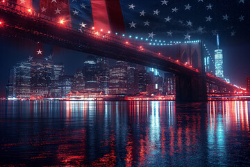 The New York skyline lights up at night as the American flag flies in the night sky, symbolizing the country's strength and unity.