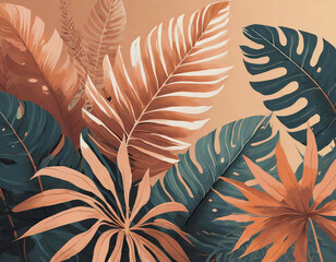 Collection of tropical leaves foliage plant in peach color design background