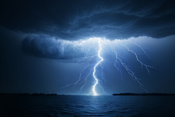 Naklejka na ściany i meble Lightning strike in the stormy sky. 3D illustration.