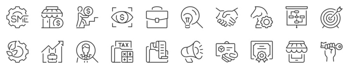 SME concept, small and medium sized enterprises, thin line icon set. Symbol collection in transparent background. Editable vector stroke. 512x512 Pixel Perfect.