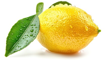 Natural Lemon fruit with green leaf and water droplets isolated on white background. Clipping path,Generative ai