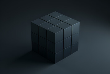 3d rendering of a black cube on a dark background. 3d illustration.