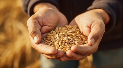 farmer's hand holding wheat seeds in the garden. checking the quality of wheat grain