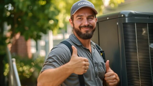 A Male electrician giving a thumbs up Air conditioner repairman working from home