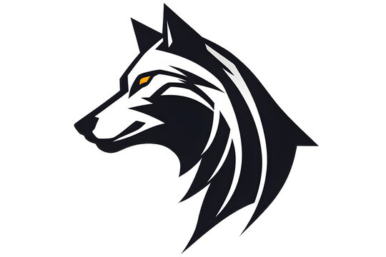 Black wolf head logo isolated with transparent background. Black wolf mascot, flat icon, emblem, 2D vector illustration. Side view face logo