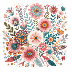 Cute Boho flower art featuring a variety of whimsical and colorful flowers arranged in a charming and playful composition