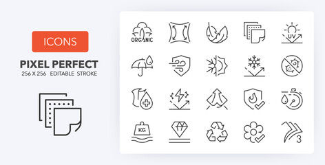 Fabric features, thin line icon set. Outline symbol collection. Editable vector stroke. 256x256 Pixel Perfect scalable to 128px, 64px...