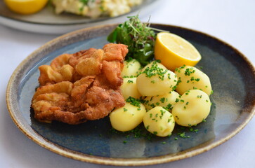 Schnitzel with potatoes on a plate in a restaurant.