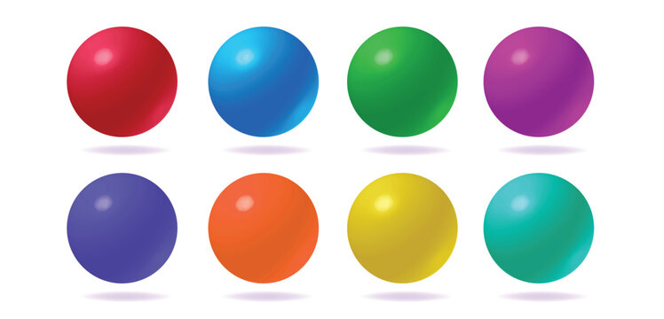 Ball 3d sphere icon blue red color vector set, round bubble orb purple green yellow shiny glossy graphic element illustration, bubble shadow orange light turquoise image clipart