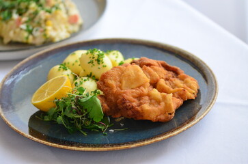fried chicken schnitzel, food background, serving food, rustic plate, restaurant menu 