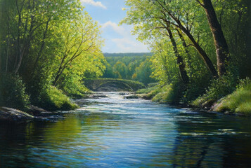 Landscape with spring forest and river. Spring landscape with a small river