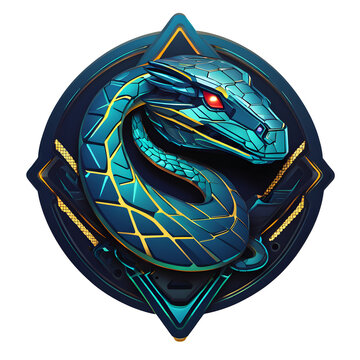 2D logo illustration of red eye Snake, isolated with transparent background. Blue Teal Serpent Robot mascot, emblem, badge, template.