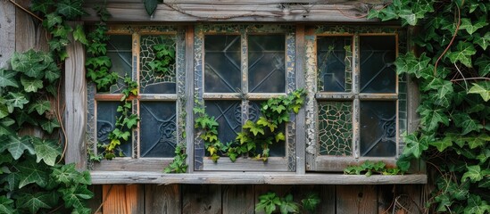 Fototapeta na wymiar Beautiful Natural Still Life with Old Wooden Windows and Mosaic Glass Covered in Green Ivy