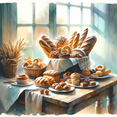 A watercolor painting depicting a table laden with various kinds of bakery items, positioned near a window that lets in soft, natural light - obrazy, fototapety, plakaty