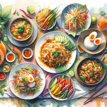 A watercolor painting from a top view showcasing a variety of Thai foods spread out on a table
