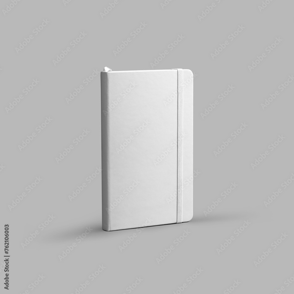 Poster Mockup of a white notebook with a printed bookmark, a standing notepad for a sketch, isolated on a background with shadows.