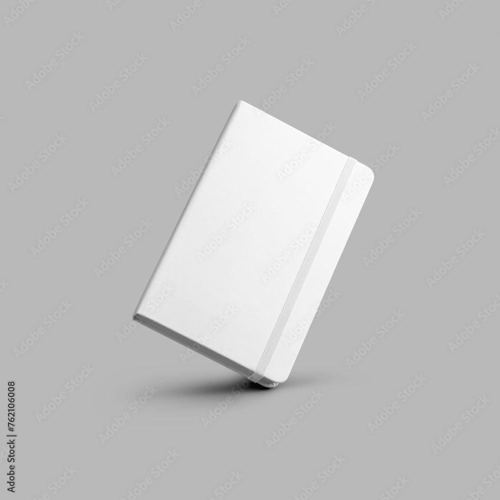 Poster Template of a white closed notebook with an elastic band, textured hard cover, isolated on a light background with shadows.
