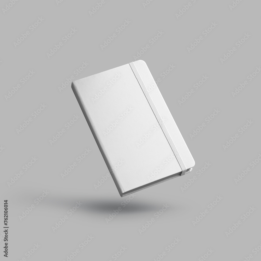 Poster template of a white closed notebook with band, textured hardcover, organizer in the air, isolated on