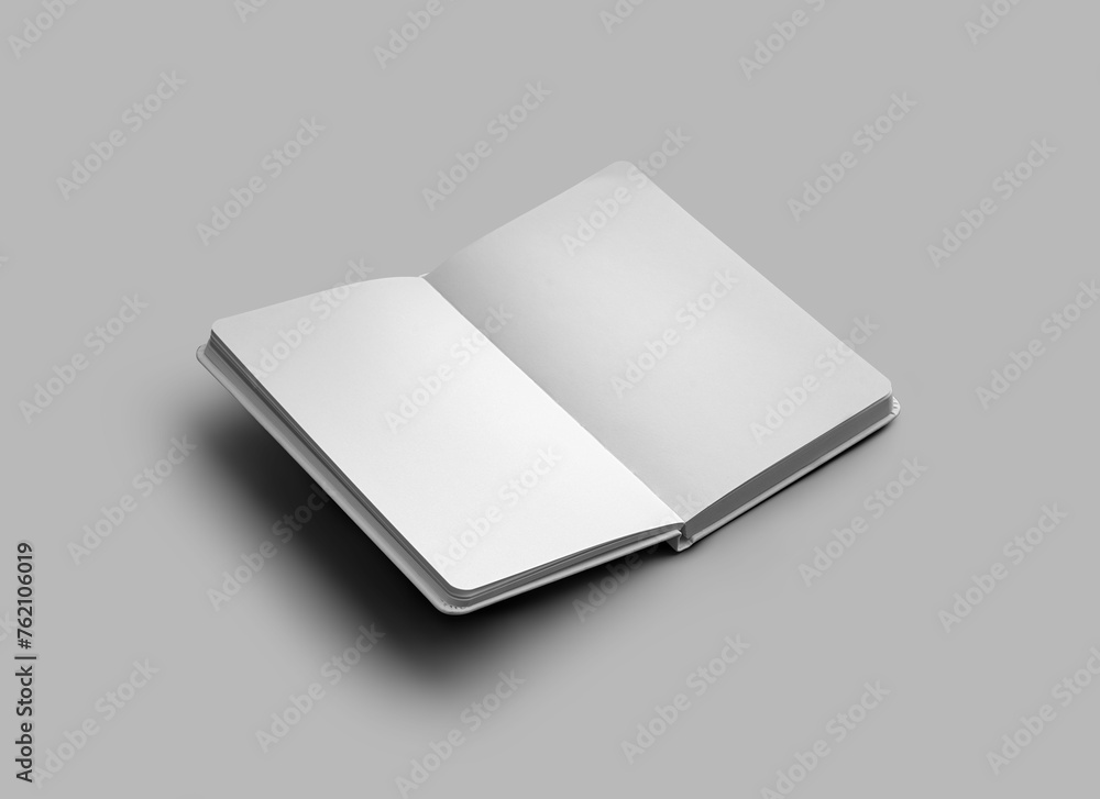 Poster Mockup of a white open notebook, clean pages, notepad for sketching, isolated on a background with shadows.