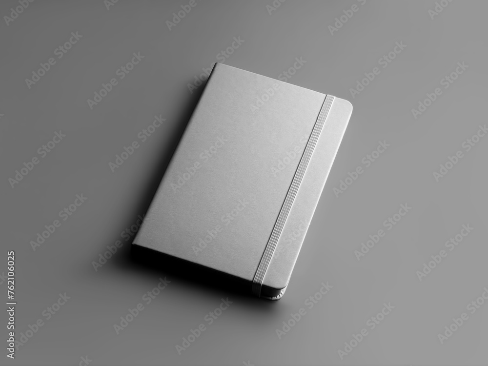 Poster Mockup of a textured white closed notebook with an elastic band, diary with a hardcover, isolated on the background, darkened at the bottom.