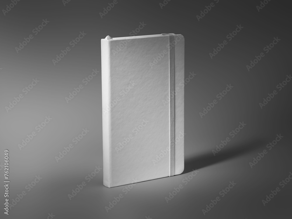 Poster Template of a textured white closed notebook with an elastic band, a bookmark, a diary with a hardcover for design.