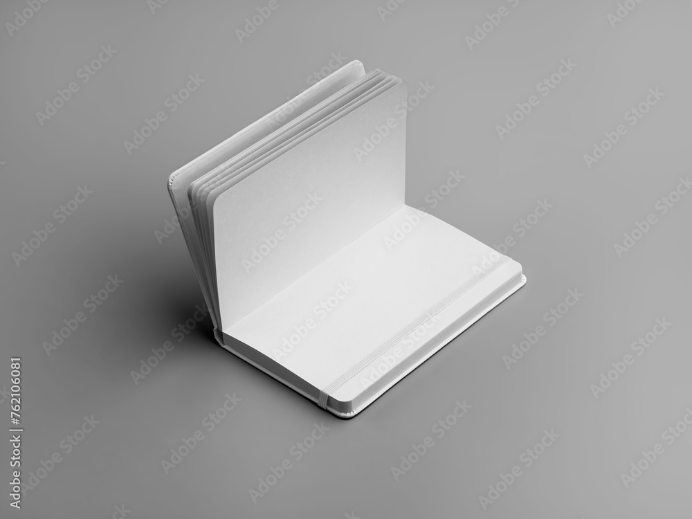 Poster Template of a white open notebook with an elastic band, clean page, notepad for presentation design.