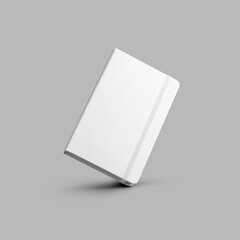 Template of a white closed notebook with an elastic band, textured hard cover, isolated on a light background with shadows.