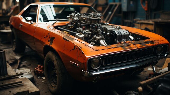 Orange Muscle Car With Engine in Garage