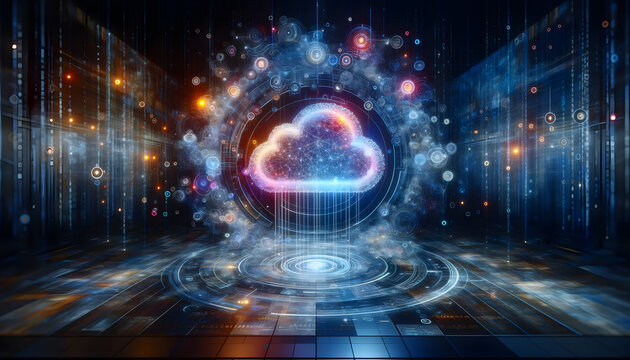 Digital informational technology web advanced hologram with cloud advanced hologram featuring electronic technology and a cloud symbol a luminescent cloud icon within a nexus of cyber connections.