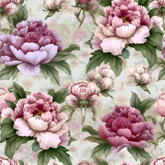 A seamless spring-summer pattern featuring a bouquet of peonies, designed as a vintage wallpaper in pastel colors
