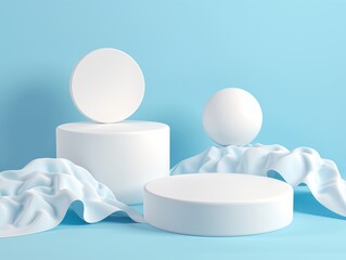 Minimalist composition featuring white podiums and spheres with silk fabric, against a blue background, ideal for product display.