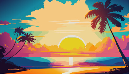 Fototapeta na wymiar Tropical sunset with ocean and palm trees