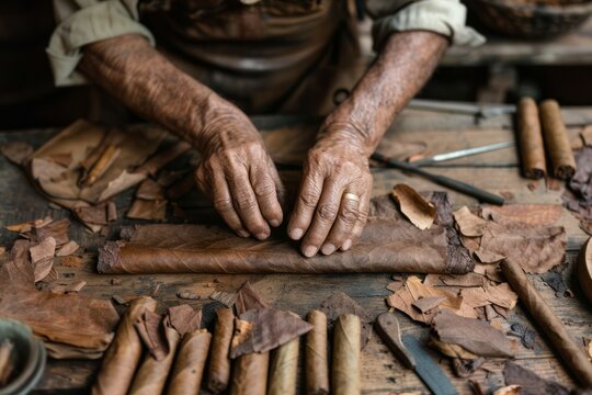 A detailed image of a cigar rollers hands at work, demonstrating the art and skill involved in hand-rolling cigars, set in a workshop filled with tools and raw tobacco leaves