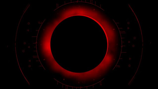 Total red solar eclipse scanned by spacecraft HUD radar display. Motion graphic for cyber and sci-fi technology concept